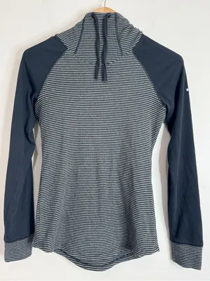 Columbia Black & Gray Striped Hooded High Neck Drawstring Rib Longsleeve Top S thumbnail 1