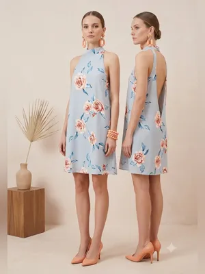 Show Me Your Mumu Dress Small Floral Halter Backless Mini Light Blue Peach Rose thumbnail 2