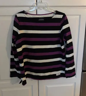 Talbots Womens Large Long Sleeve Cotton Striped Boat Neck Tee Black White Purple thumbnail 1