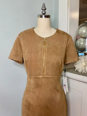 Calvin Klein Faux Suede Zip-Front Midi Dress Tan Camel Brown NWT Size 10 thumbnail 3