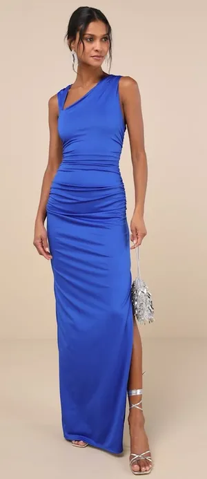 NWT Lulus Enticing Darling Royal Blue Asymmetrical Ruched Maxi Dress Gala Sz L thumbnail 1