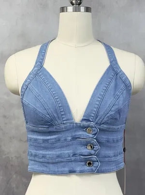 Denim Blvd‎ Halter Top Women Large Blue Stretch Crop Y2K Indie Boho Baddie Retro thumbnail 1