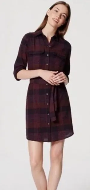 Loft‎ Women Purple/Black Plaid Long Sleeve Button Up Dress Belt size M Petite thumbnail 1