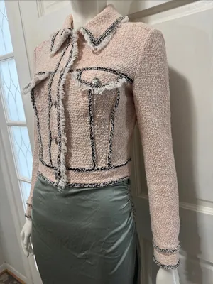 Veronica Beard Cotton Blend Pale Pink Tweed Fringed Blazer with Gray Trim S XS thumbnail 6