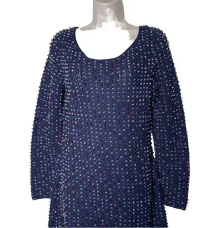 NWT DOEN Solandis Navy Beaded Crochet Long Sleeve Knit Mini Bodycon Dress sz M thumbnail 5
