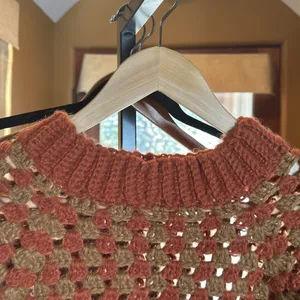 Handmade Rust Orange Tan Open Knit Crochet Sweater Large Boho Oversized Pullover thumbnail 5