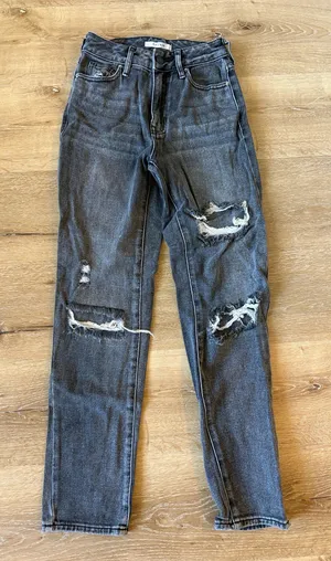 Black Washed Denim Mom Jeans thumbnail 1