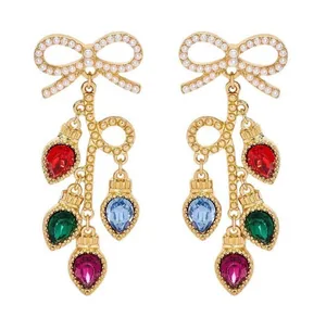 NWT Festive Holiday Faux Pearl Christmas Lights Drop Earrings Gold Multi 3.6" thumbnail 1
