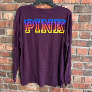 Pink womens spell out v-neck long sleeve t-shirt purple medium thumbnail 4