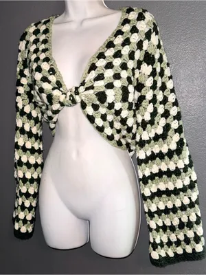 Handmade Crochet Granny Square Cardigan Tie Front Green Crop Top Small Medium thumbnail 2