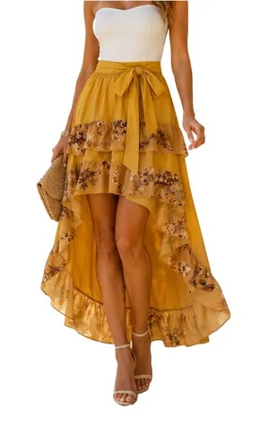 CQ by CQ Maxi Skirt Womens Size M Mustard Yellow Floral Ruffles High Low Boho thumbnail 1