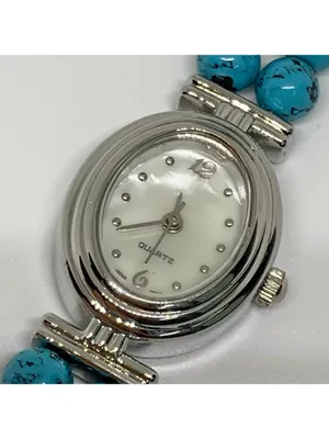 turquoise beaded bracelet silver tone women watch mop dial 19mm oval 7” running thumbnail 3