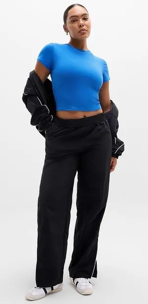 Athleta Renew Ribbed Cropped Tee Blue Short Sleeve‎ Crew Neck Yoga Top Large thumbnail 1