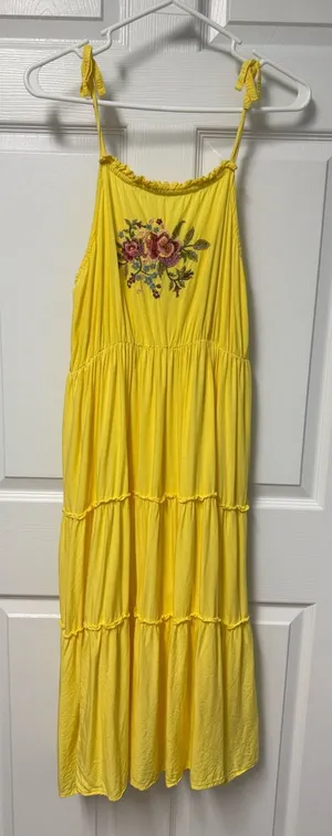 feathers Yellow Floral Embroidered Tiered Maxi Dress with Tie Straps thumbnail 1