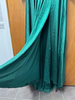 Ieena for Mac Duggal Long Sleeve Satin A-Line Maxi Dress Gown Emerald Green 10 thumbnail 9