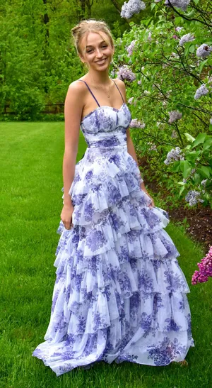 Macy's Purple and White ruffled Prom dress thumbnail 4