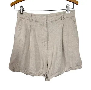 Zara Womens High Waisted Linen Blend Pleated Bubble‎ Hem Shorts Beige Size S thumbnail 1