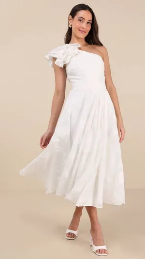 Lulus Sweet Definition White Burnout Ruffled One-Shoulder Midi Dress Party Sz XL thumbnail 1