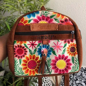 Mexican Mini brown floral suede embroidered floral backpack thumbnail 1