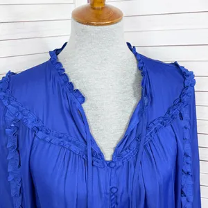 Loft Ruffle Trim Tie Neck Button Up‎ Blouse Long Sleeve Lapis Blue Small thumbnail 6