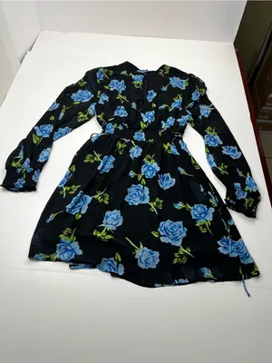 Free People Samantha Lace Up Mini Dress Black Floral Blue Combo Womens Large thumbnail 13