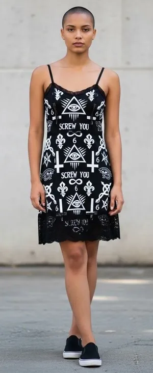 Rat Baby Womens Black Occult‎ Graphic Lace Trim Slip Mini Dress Small thumbnail 1