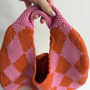 Kopari Knitted Argyle Shoulder Bag pink orange woven slouchy hobo handbag purse thumbnail 5