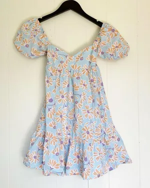 RSQ Blue Orange Daisy Floral Puff Sleeve Babydoll Dress XXS thumbnail 2