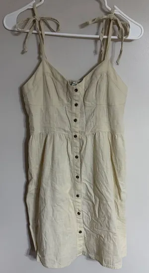 Aerie‎ Linen Blend Button Down Tie Strap Mini Dress Cream Size XS Boho Festival thumbnail 1