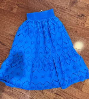 JENNIFER & GRACE blue eyelet 100% cotton skirt long smocked wst lined S thumbnail 1