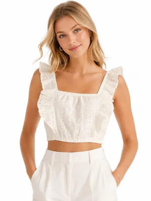 Avec Les Filles White Eyelet Ruffle Crop Top Square Neck Size Small thumbnail 1