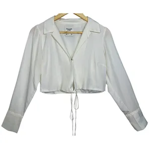 Abercrombie & Fitch White Collared Tie Front Long Sleeve Crop Top Blouse Size S thumbnail 1