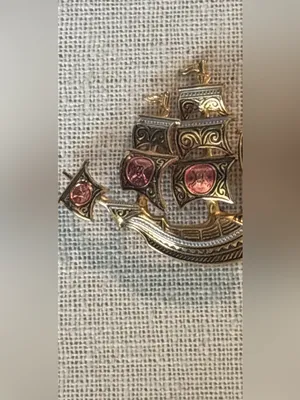 Vintage Damascene Gold And Red Pirate Ship Pin Stamped Spain thumbnail 5