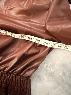 NWT Vigoss Size S Brown Faux Leather Mini Dress Puff Sleeve Smocked Waist V Neck thumbnail 10