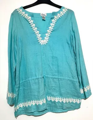 NWOT Vintage Lilly Pulitzer Blue Linen Tunic Top 3/4 Sleeves Lace Trim Small thumbnail 1