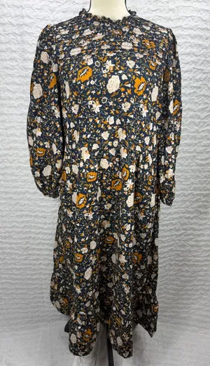 Universal Thread Navy Floral Smocked Midi Dress Long Sleeve Ruffle Neck Large thumbnail 1