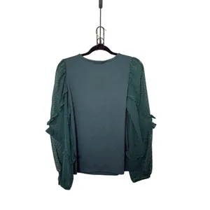 Loft Women’s Green Medium Velvet Dot Ruffle Sleeve Top Whimsygoth Cottagecore thumbnail 3