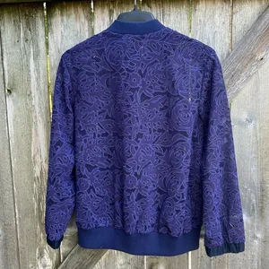 Anthropologie EUC Elevenses Miranda Lace Bomber Jacket Purple Oversized Small thumbnail 10