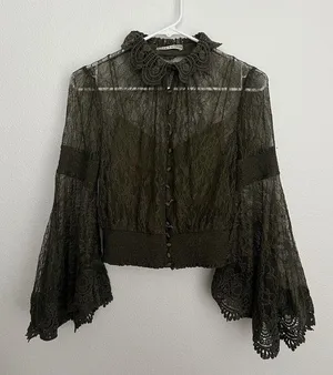 Alice + Olivia Moss Green Bell-Sleeve Crochet Collared Top Boho Fairy Grunge Witchy Ethereal thumbnail 3