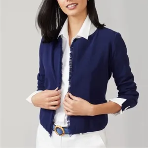 J. McLaughlin Marie Navy Blue Fringe Open Front Cardigan Sweater Pockets XL thumbnail 2