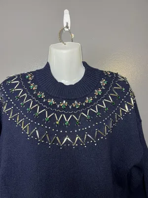 Talbots Sweater Womens Large Blue Mock Neck Beaded Jewel Yoke Knit Pullover thumbnail 3