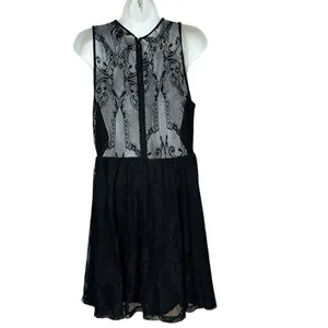 Express Black Floral Lace Sleeveless Fit and Flare Dress Sheer Yoke Large LBD thumbnail 2