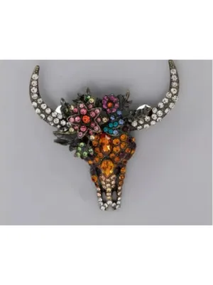 NEW Longhorn Skull Floral Rhinestone Brooch Western Statement Bag Charm Pin NWT thumbnail 3