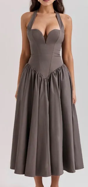 House of CB Gray Halter Maxi Dress | Drop Waist Corset | 90s Minimalist Romantic thumbnail 1