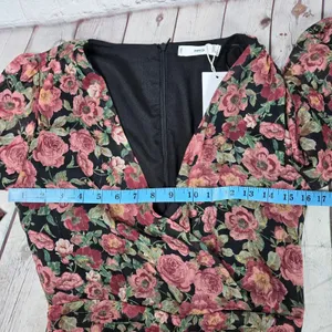 MNG Mango Women's Floral Long Sleeve‎ Mini Dress Ruched Bodycon V Neck thumbnail 10