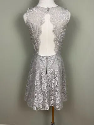 Alice + Olivia Metallic Natalia Open Back Lace Mini Dress Taupe Silver Sz 10 thumbnail 7