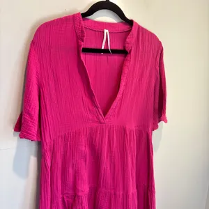 By Anthropologie Pink Gauze Cotton Short Sleeve Tiered Mini Dress - size Small thumbnail 2