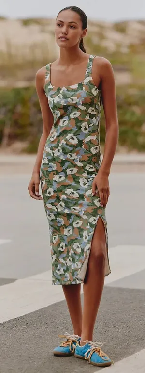 Daily Practice Anthropologie Green Floral Square Neck Midi Dress in Waypoint thumbnail 1