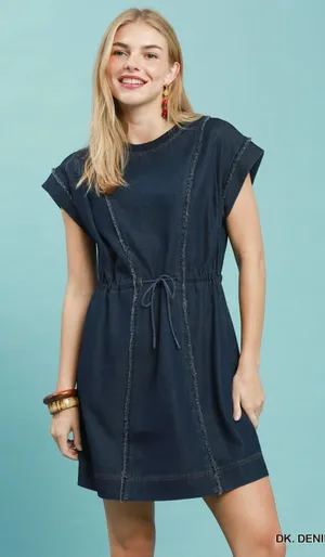 Umgee‎ Drawstring Waist Frayed Denim Mini Dress - Small thumbnail 1