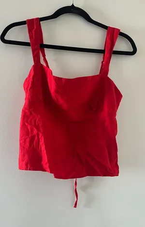 Red 100% Cotton Corset Crop Top Large Lace Up Back Euro Summer Coastal thumbnail 1